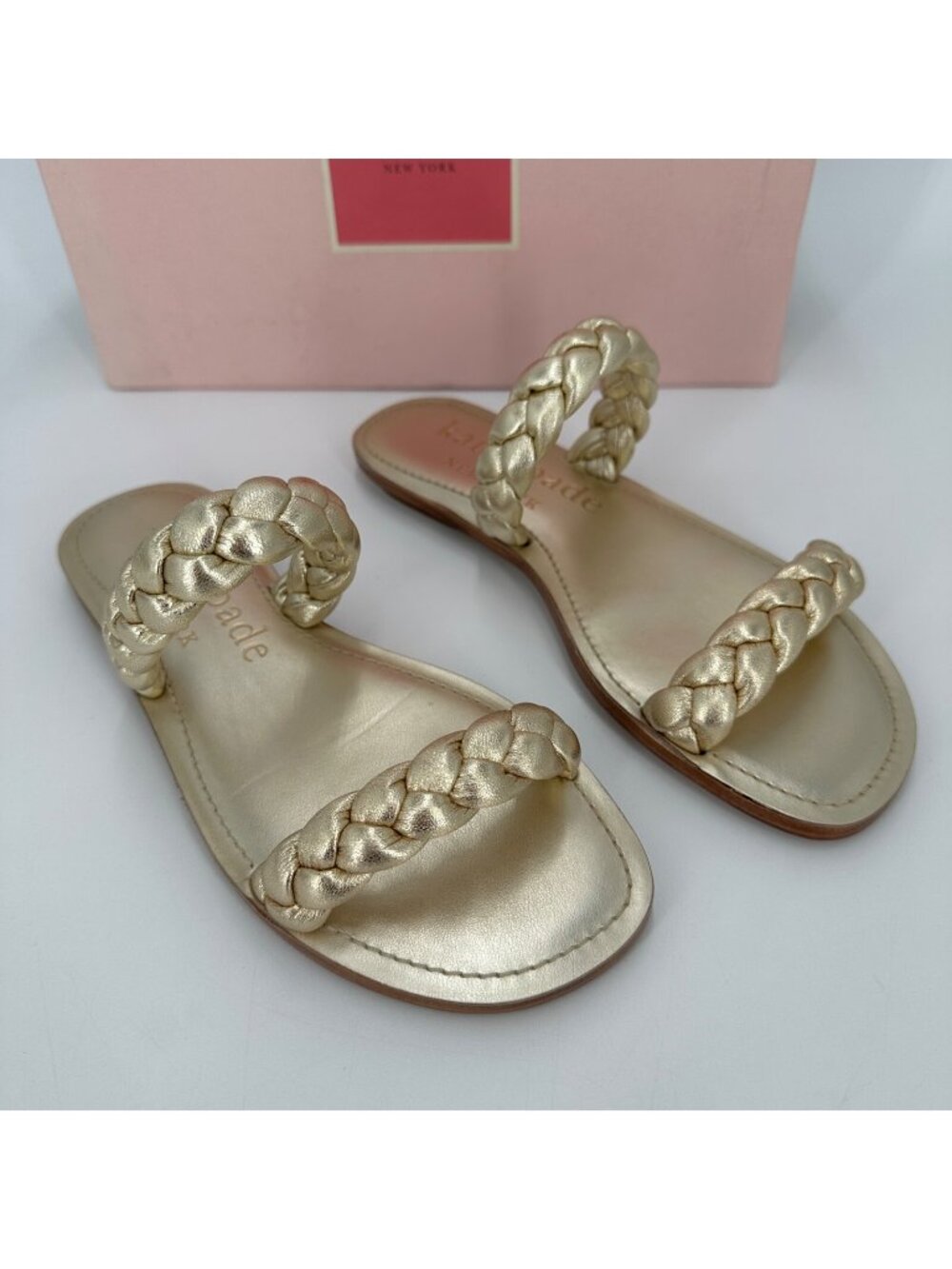 Kate Spade Miami Braided Strap Slip-on Slide Sandals 5.5 Gold Metallic Leather